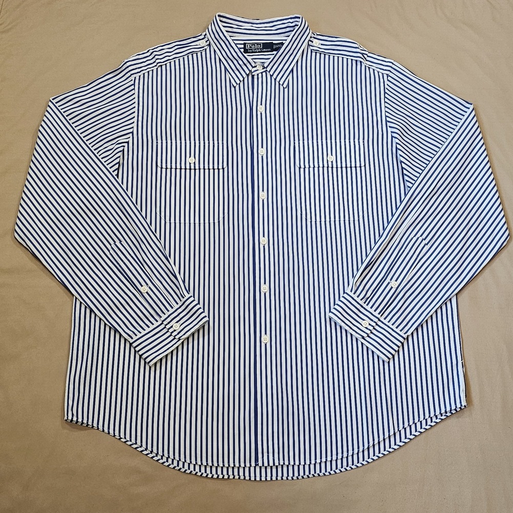 Polo Ralph Lauren Striped Button Down Shirt Mens XXL Blue & Wht Shoulder Straps